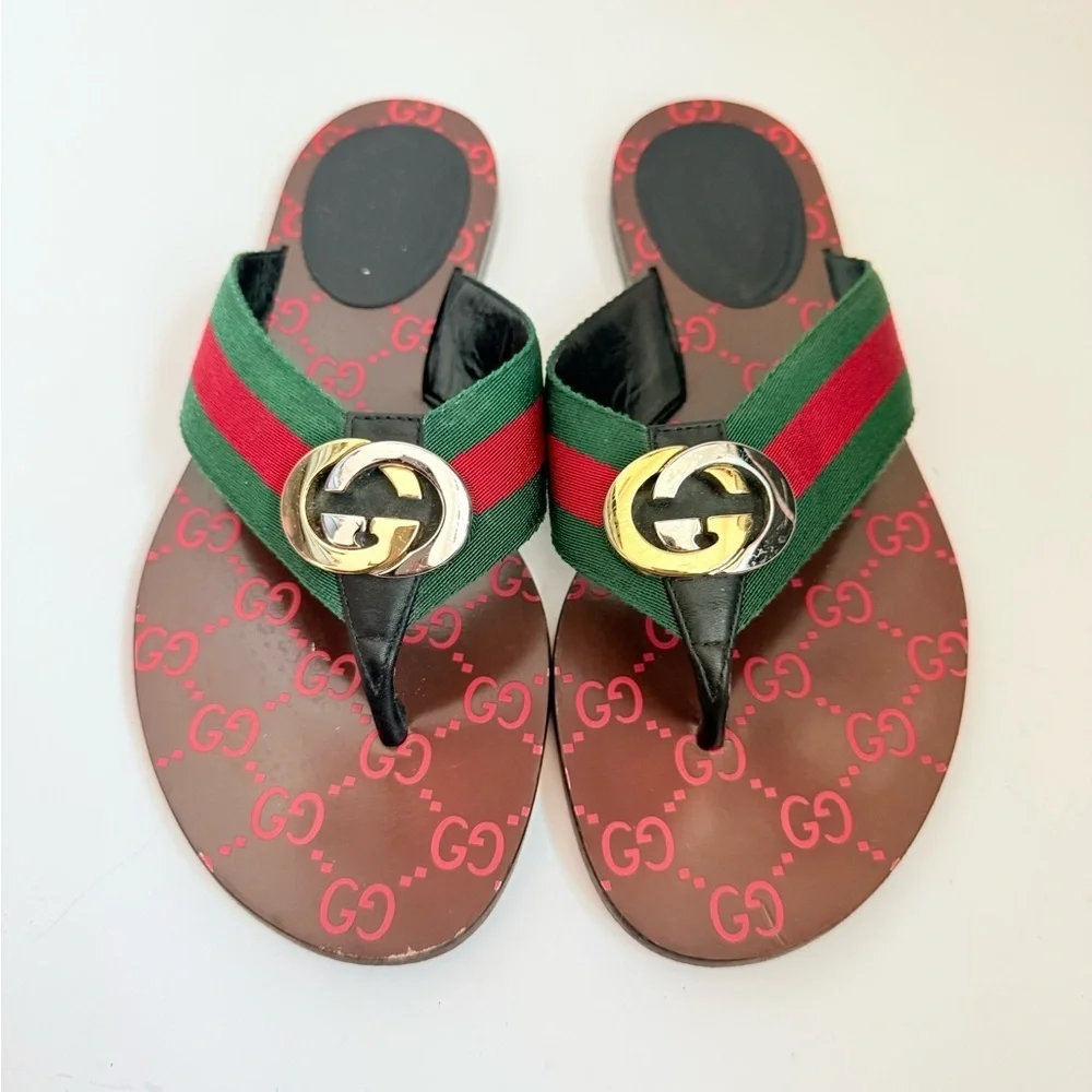 Gucci Brown leather Kika Web thongs sandals Interlocking GG EU 37.5
